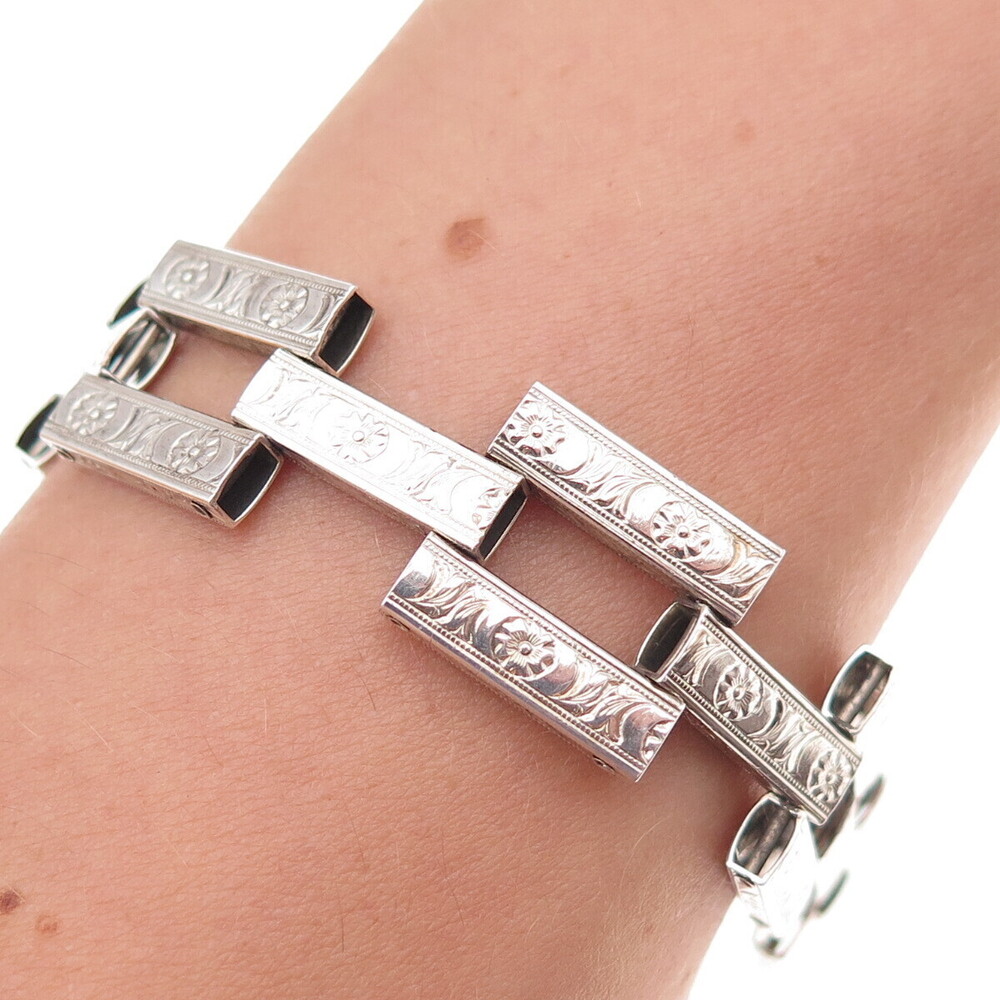 925 Sterling Silver Antique Art Deco Floral Panel Bar Link Bracelet 6.75"
